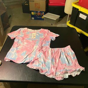 Finwanlo Women's Tie Die 2 Piece Pajama Set: Short Sleeve Top, Shorts S NWT